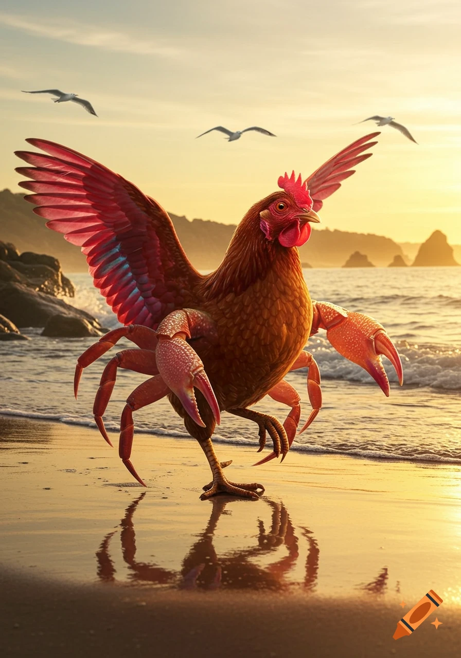 A photorealistic brown chicken with red crab claws and legs stands on a reflective sandy beach at sunset, with seagulls flying.