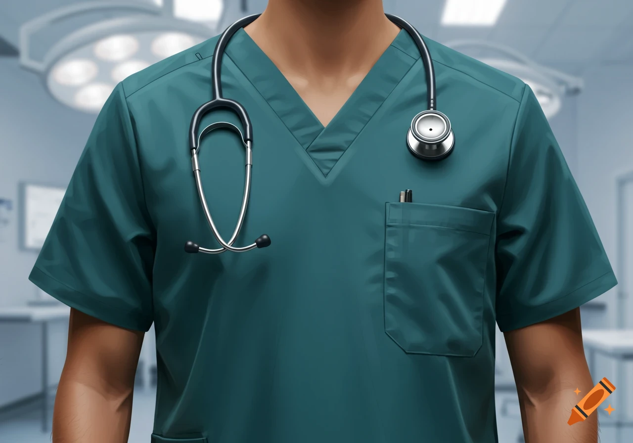 Close-up of a person in teal medical scrubs with a stethoscope around their neck, set against a blurred hospital background.
