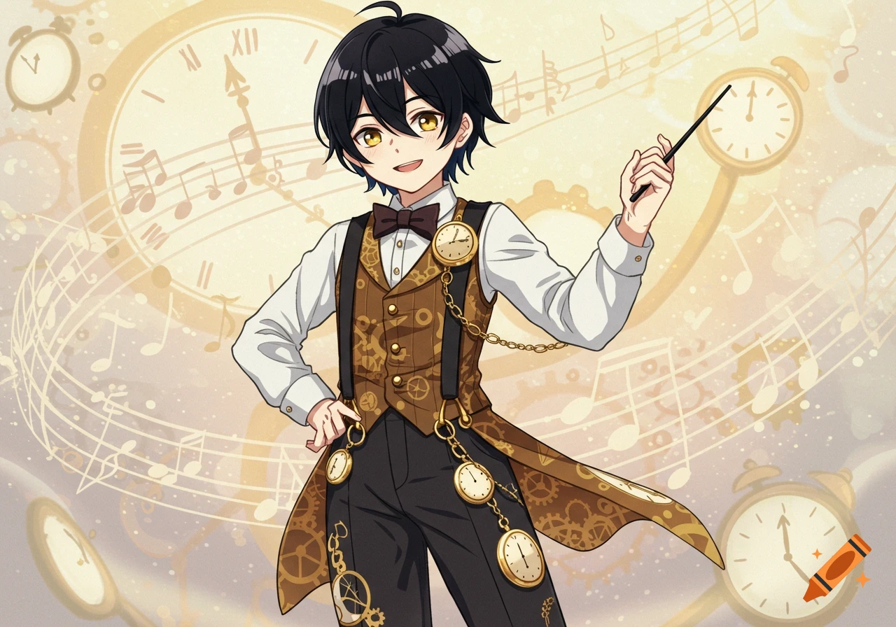 An anime-style character with short black hair and amber eyes, dressed in a brown vest with gears and pocket watches, black pants, and a white shirt with a bow tie, holding a conductor's baton. He stands smiling against a background of clocks, gears, and musical notes.
