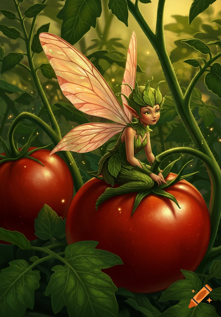 A small, leafy green fairy with delicate wings sits on a large red tomato amidst lush green foliage in a garden.