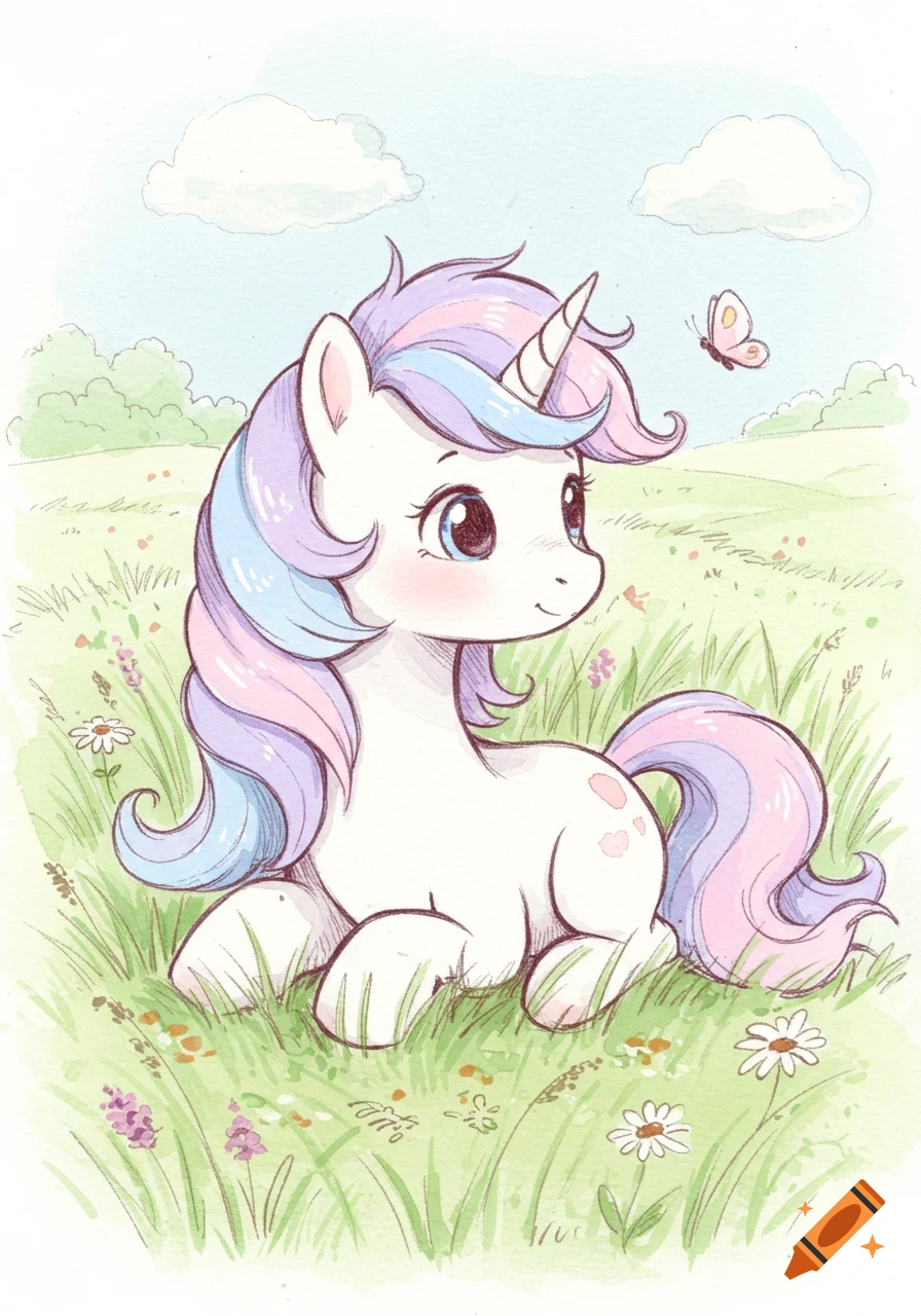 A cute white unicorn with pastel purple and blue mane and tail, sitting in a green grassy field with small flowers under a blue sky.