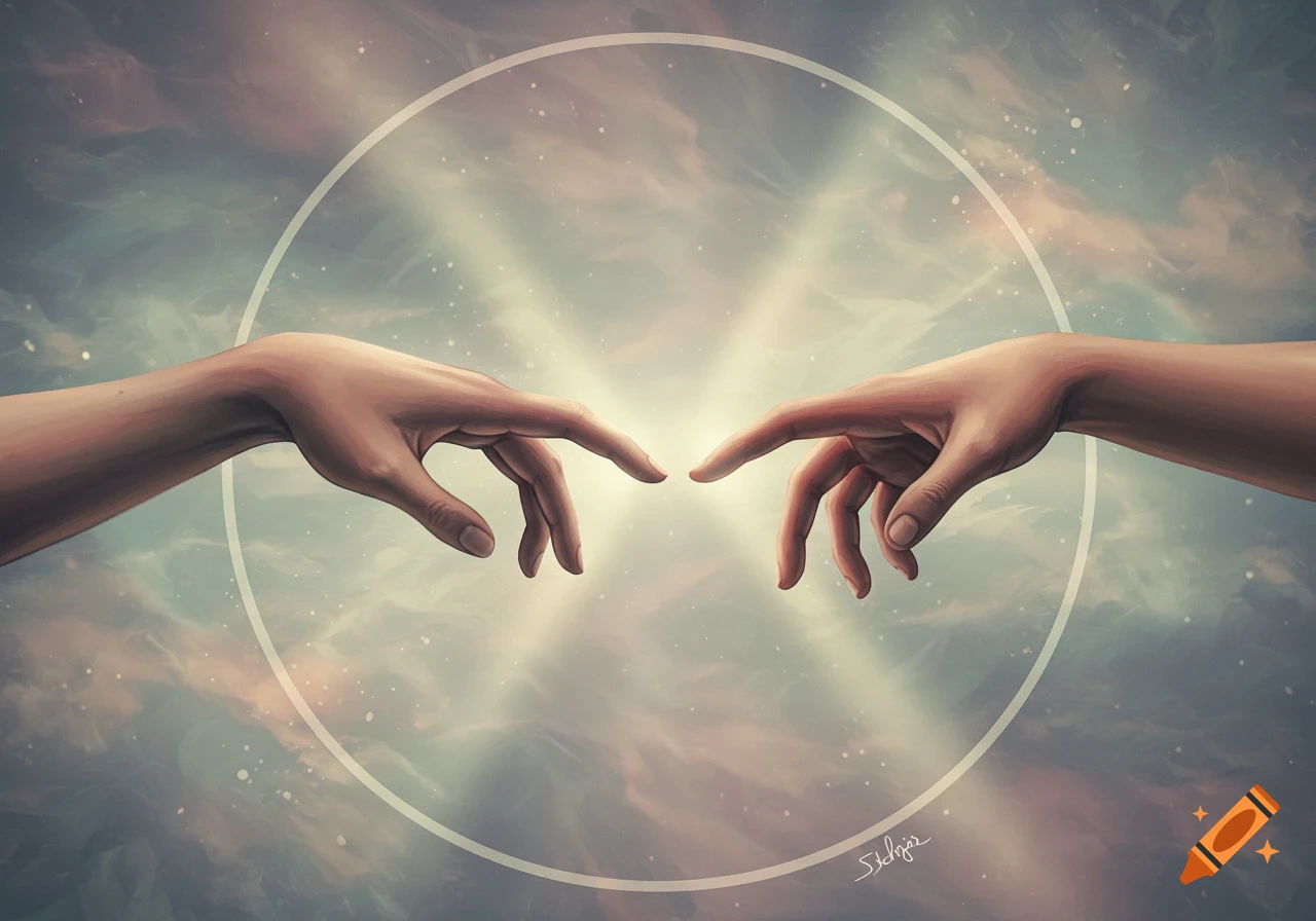 Two hands with outstretched fingers almost touching in a cosmic, cloudy background with a faint circle.