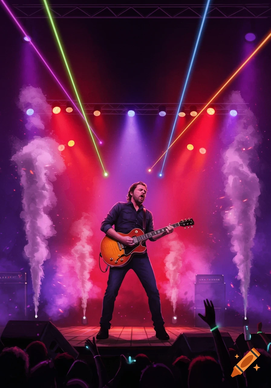 A male guitarist playing an electric guitar on a stage illuminated by colorful spotlights and lasers, with smoke effects and an audience.