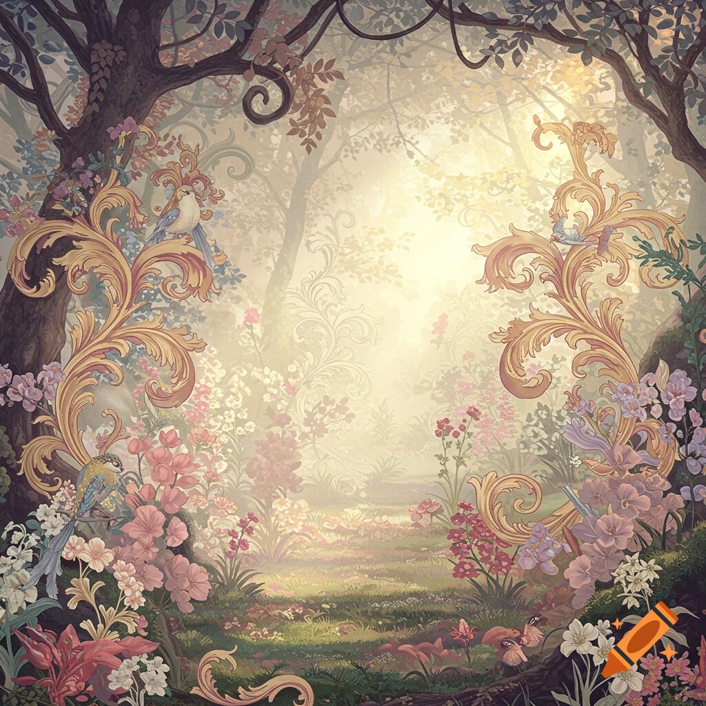 A vibrant fantasy forest with ornate golden rococo patterns, lush foliage, colorful flowers, and birds under a bright, misty sky.