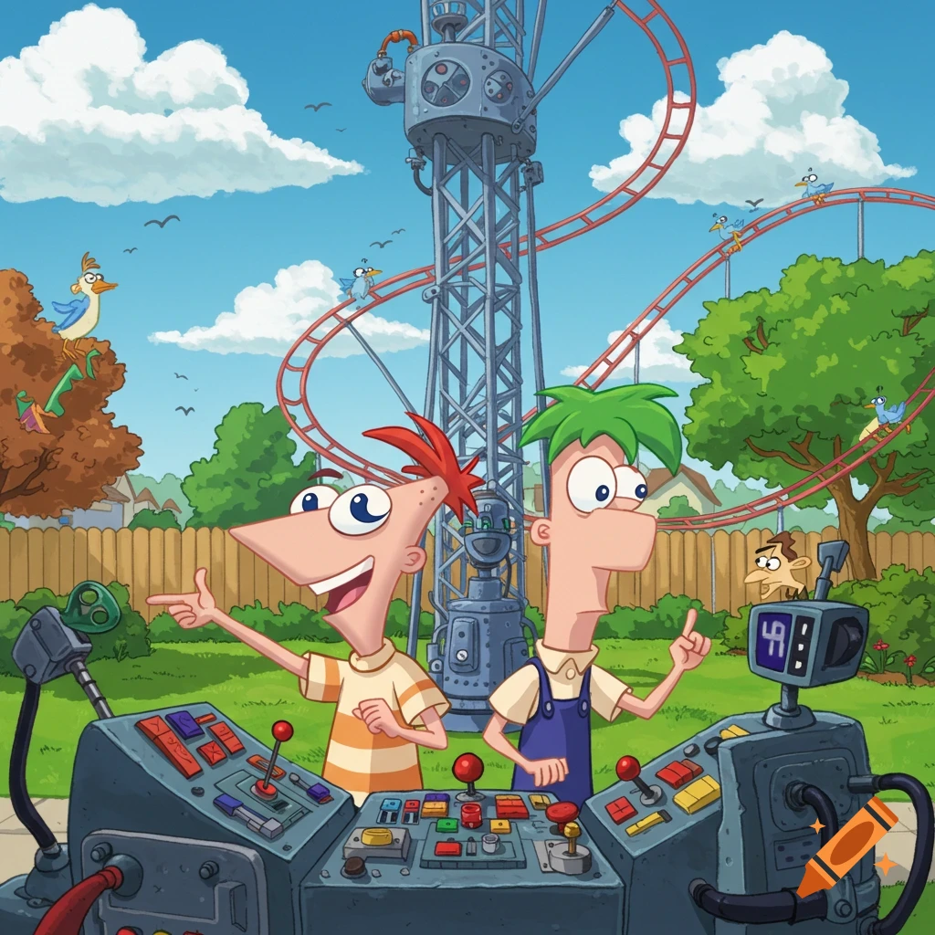 Phineas and Ferb operate control panels next to a giant rollercoaster and tower in their backyard, cartoon style.