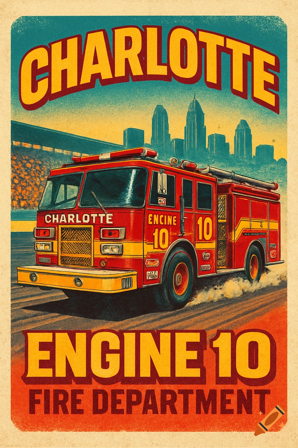 A vintage-style poster featuring a red Charlotte Fire Department Engine 10 fire truck driving on a track with a city skyline in the background.