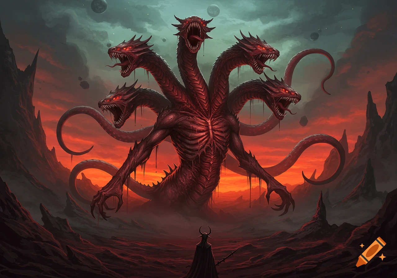 A massive, multi-headed red demonic dragon-like creature stands before a small figure in a desolate, fiery landscape under a stormy sky.