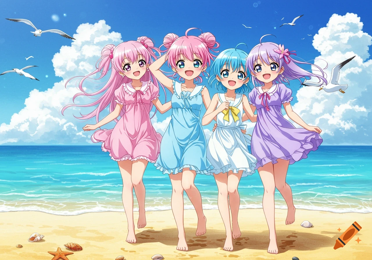 Four cute anime girls with colorful hair in summer dresses walk along a sunny beach with seagulls in the sky.