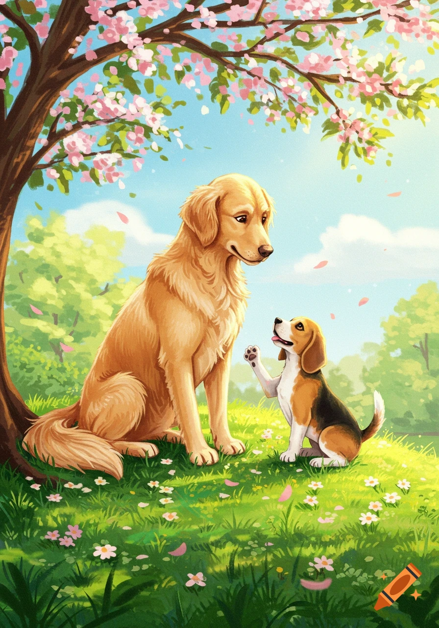 A golden retriever and a beagle under a pink cherry blossom tree in a sunny, green park with flowers.