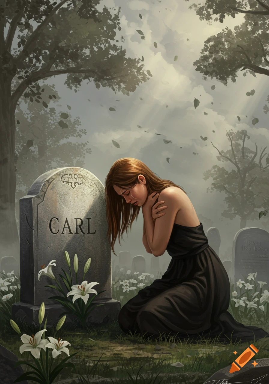 An illustrated depiction of a young woman in a black dress crying over a grave marked 'CARL' in a cemetery.