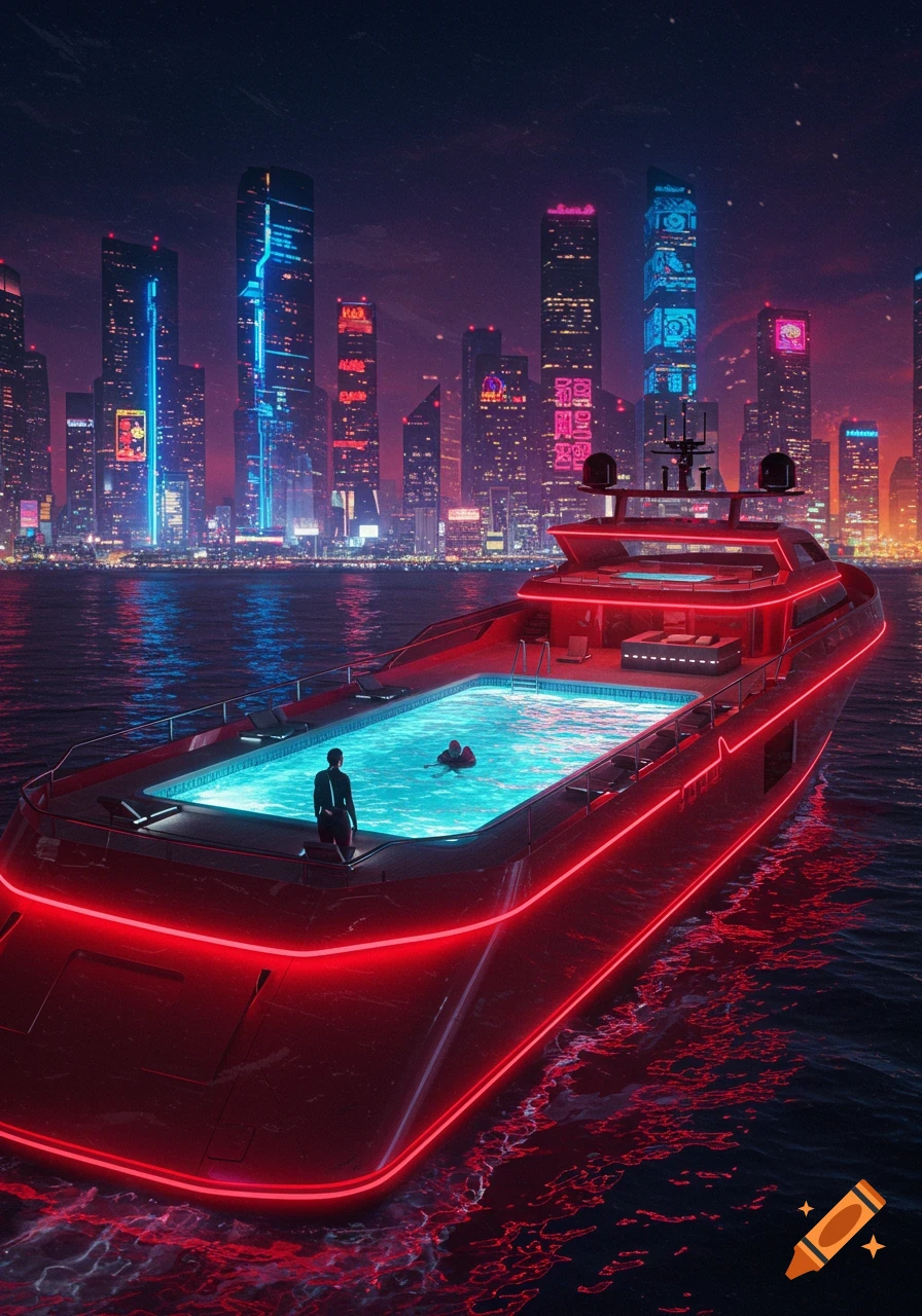 A futuristic red cyberpunk yacht with a glowing pool sails past a neon-lit cityscape at night.