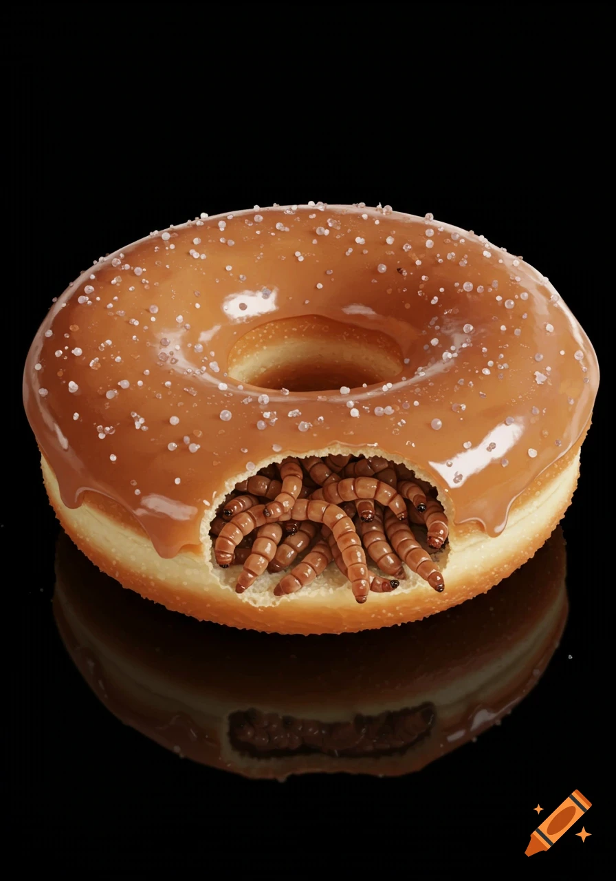 Photorealistic image of a glazed donut with a bite taken out, revealing many brown mealworms inside, on a black background.