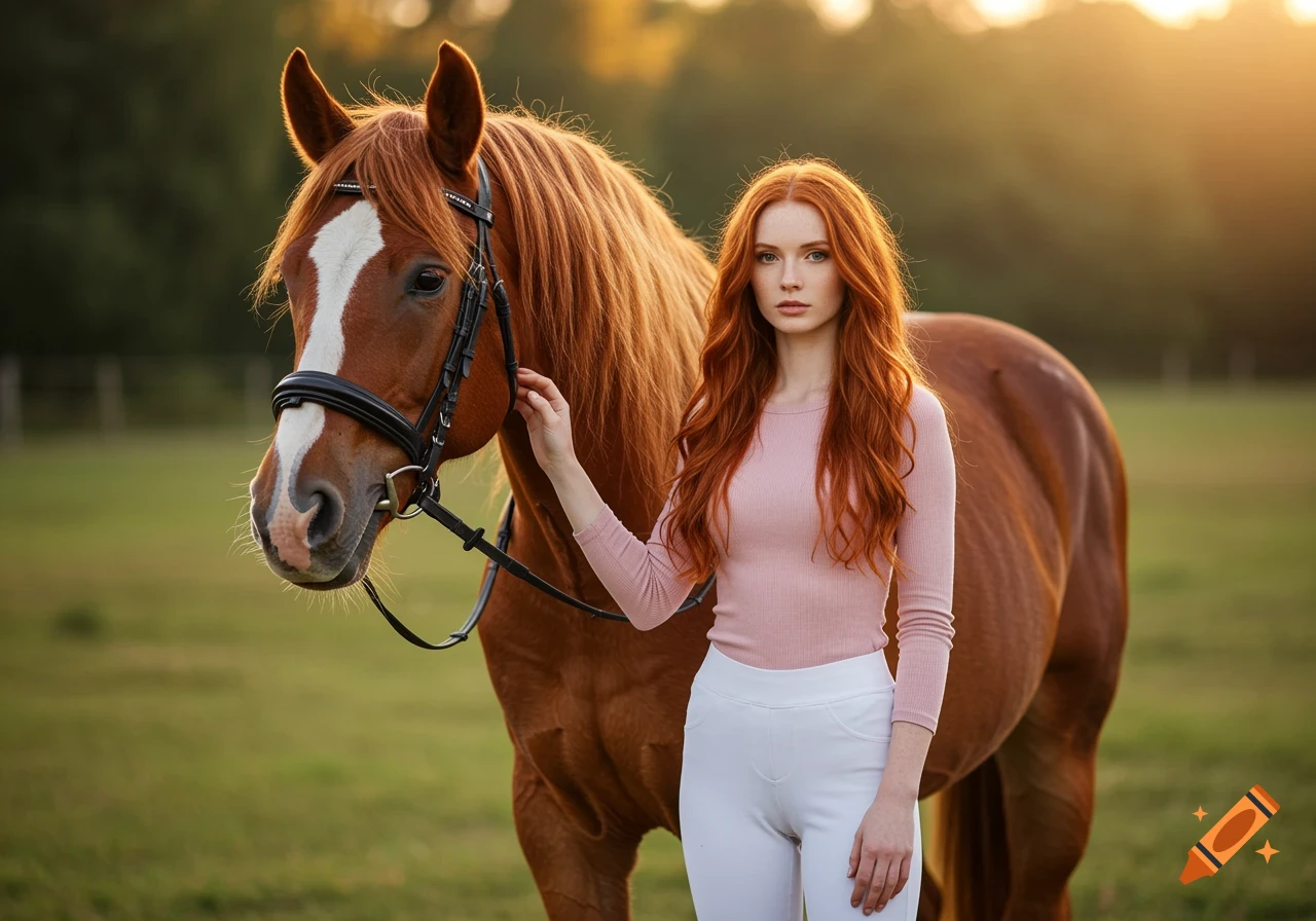 A red-haired woman in a pink top and white leggings stands next to a brown horse in a sunlit field.