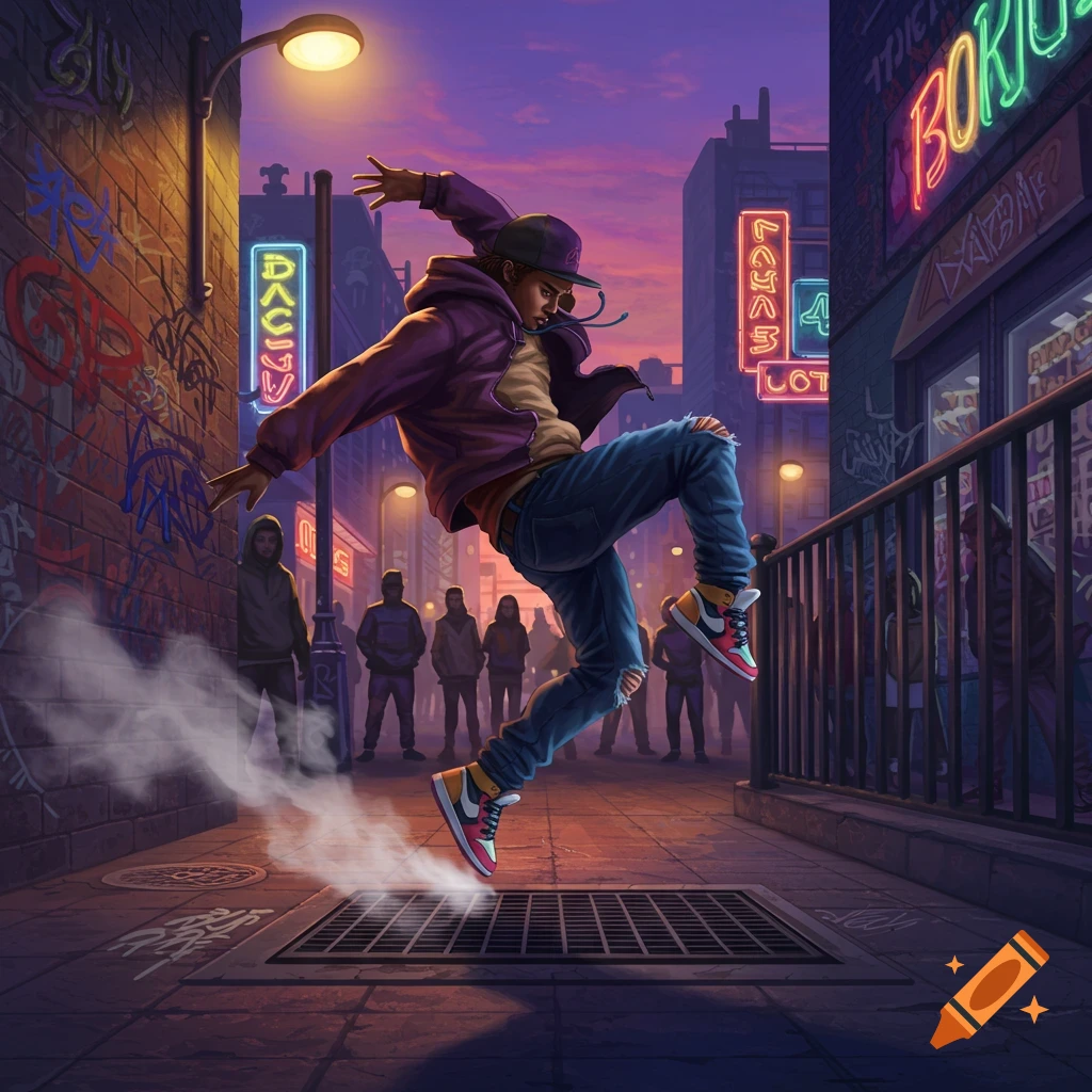 A stylized illustration of a person in a purple hoodie and ripped jeans breakdancing above a street grate in a vibrant, neon-lit city alley at night. Others watch in the background.