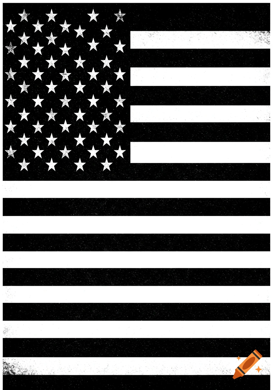 A distressed black and white American flag with stars in the upper left canton and horizontal stripes.
