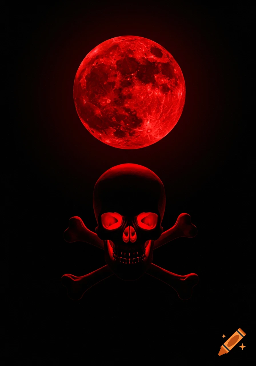 A crimson red full moon above a glowing red skull and crossbones against a black background.