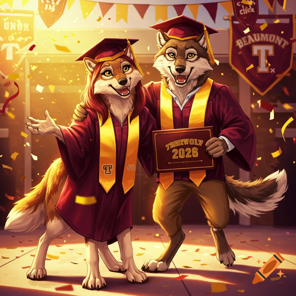 Two smiling anthropomorphic wolves in maroon and gold graduation robes celebrate outdoors amidst falling confetti.