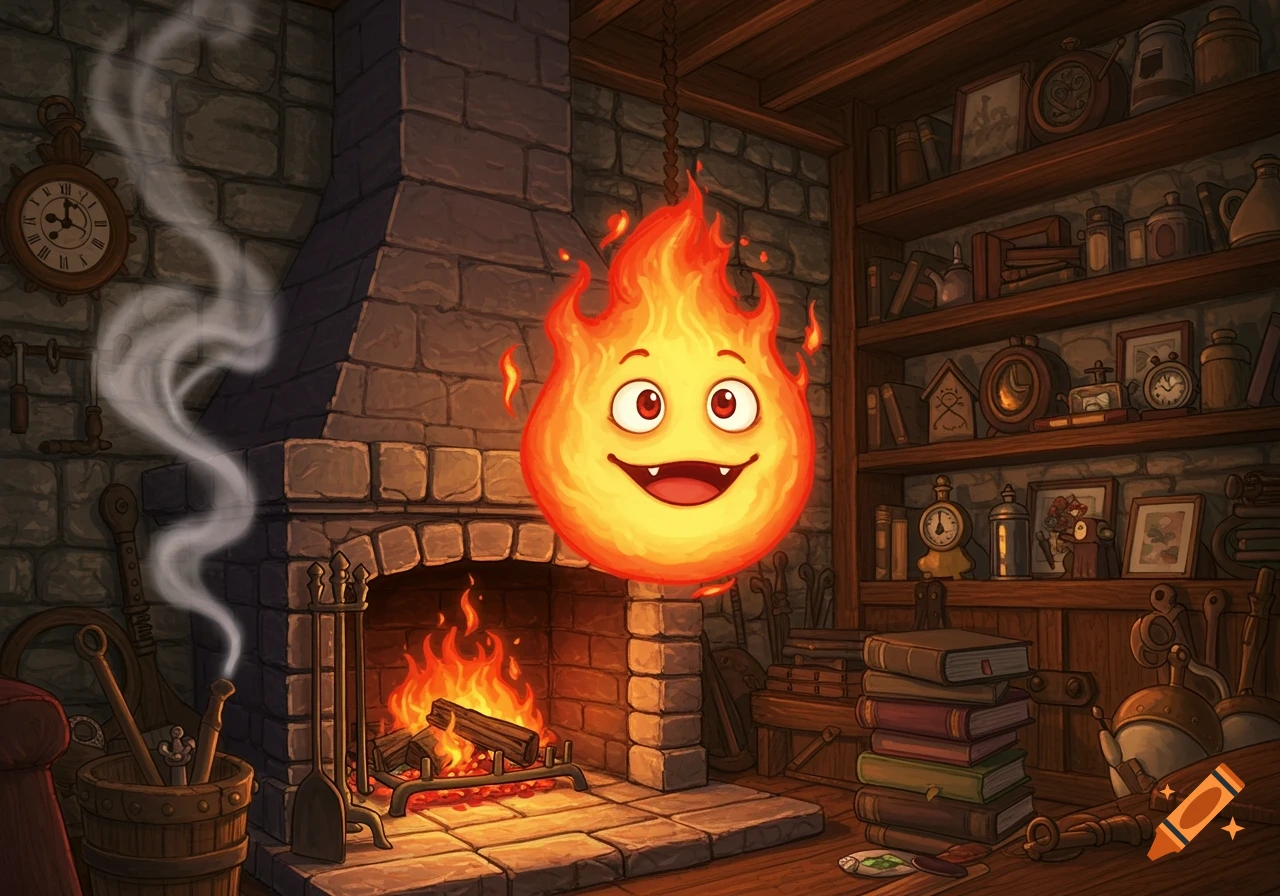 A cartoon flame creature, Calcifer, hangs above a fireplace in a cozy, detailed room with bookshelves.