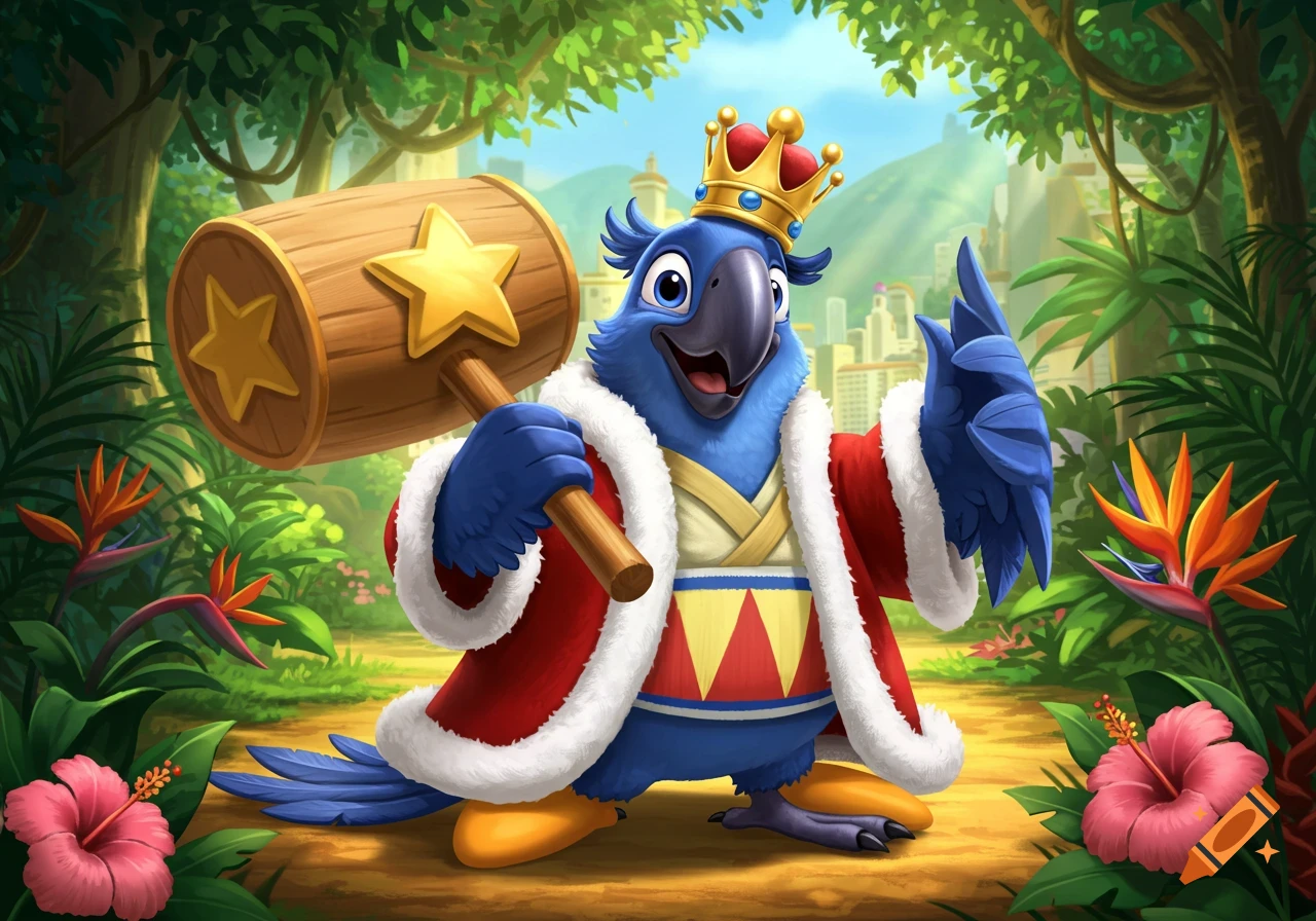 A cartoon blue parrot king, wearing a crown and red robe, holds a star-emblazoned hammer in a jungle with a city in the background.