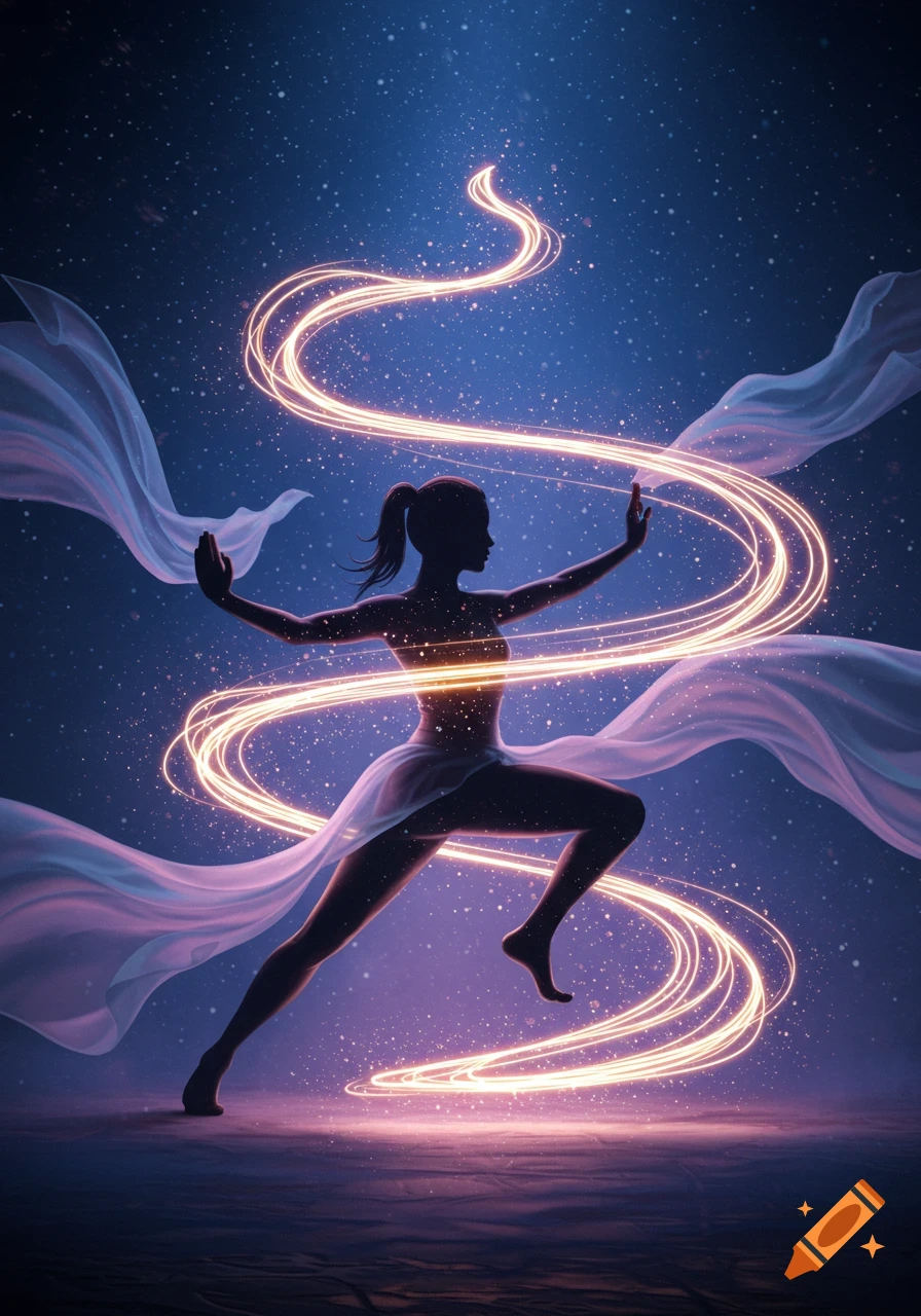 A silhouetted figure in a dynamic pose, surrounded by glowing golden light trails and flowing ethereal fabric against a starry blue background.