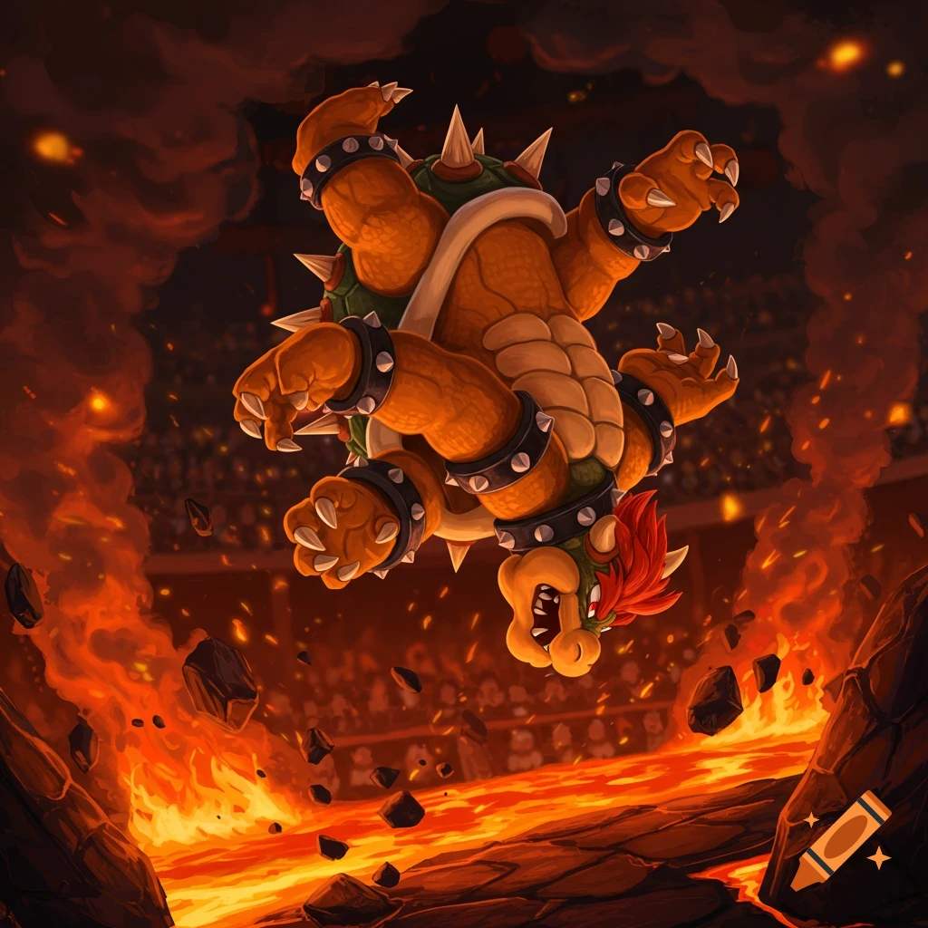 Bowser falls upside down into a fiery lava pit with rocks falling, smoke rising, and a stadium crowd in the background.