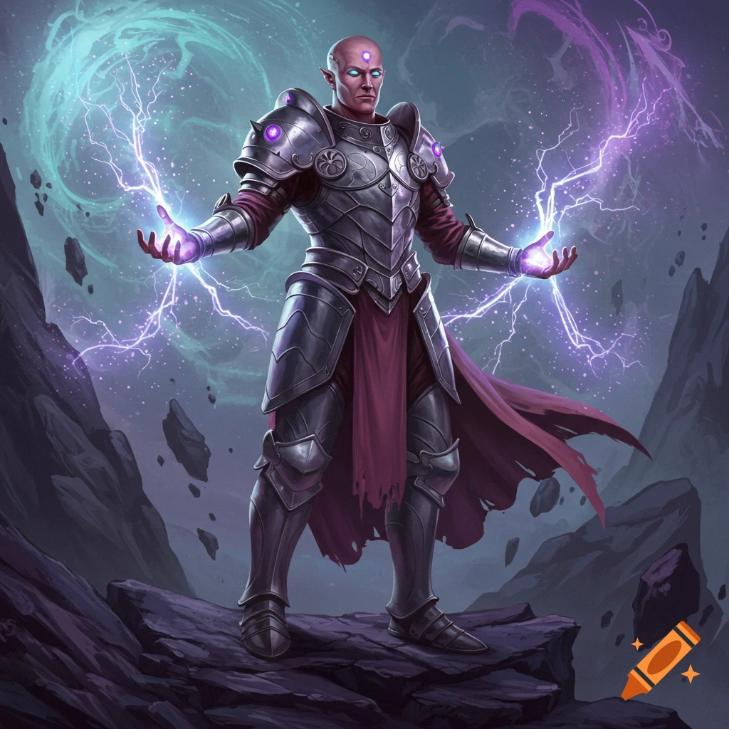A bald, pale-skinned fantasy warrior in heavy armor stands on rocks, casting purple lightning from his hands.
