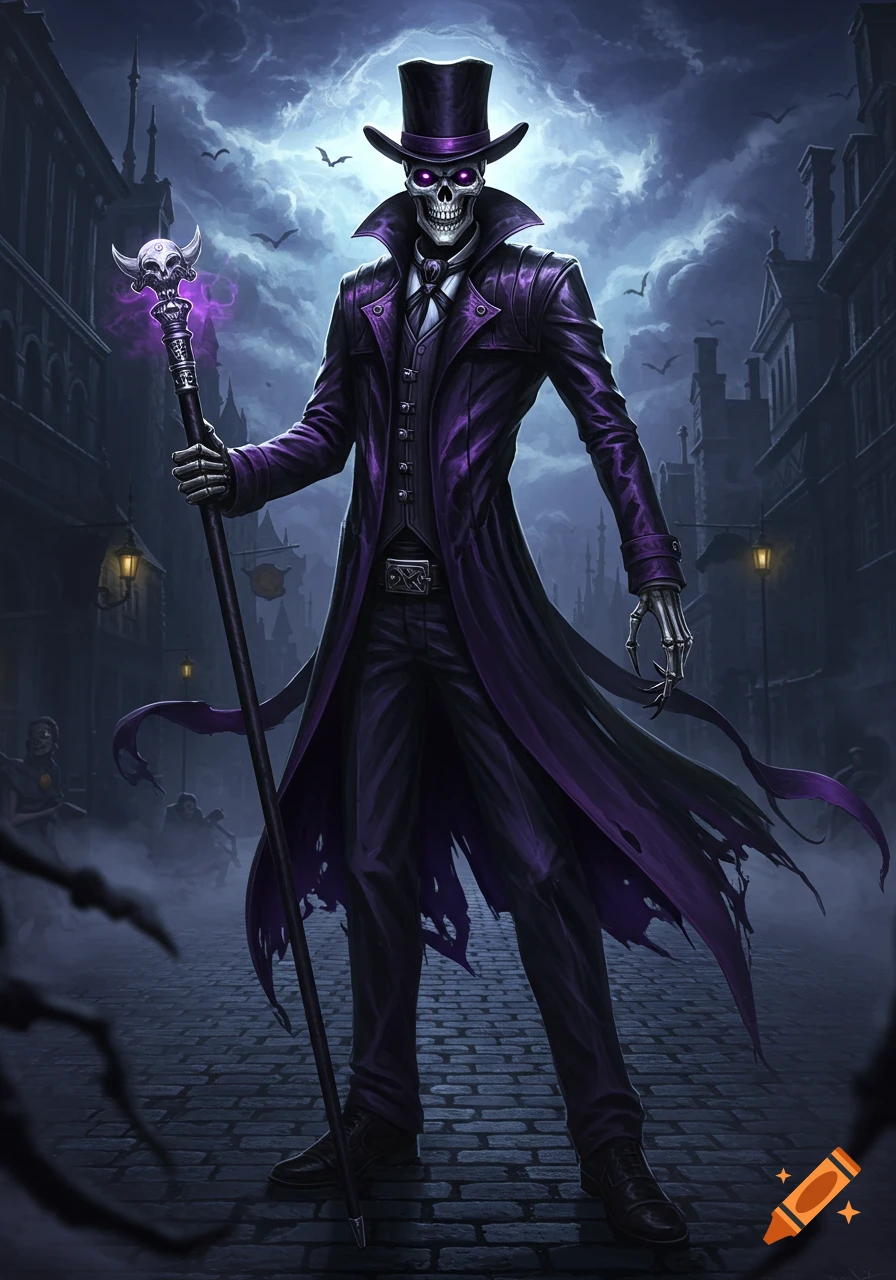 A skeletal figure in a purple trench coat and top hat holds a skull-topped staff on a dark cobblestone street under a stormy sky.