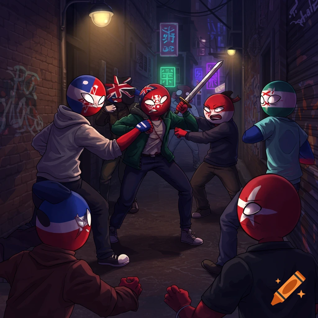 Multiple Countryhuman characters fight in a dark alley at night, surrounded by brick walls and glowing neon signs.