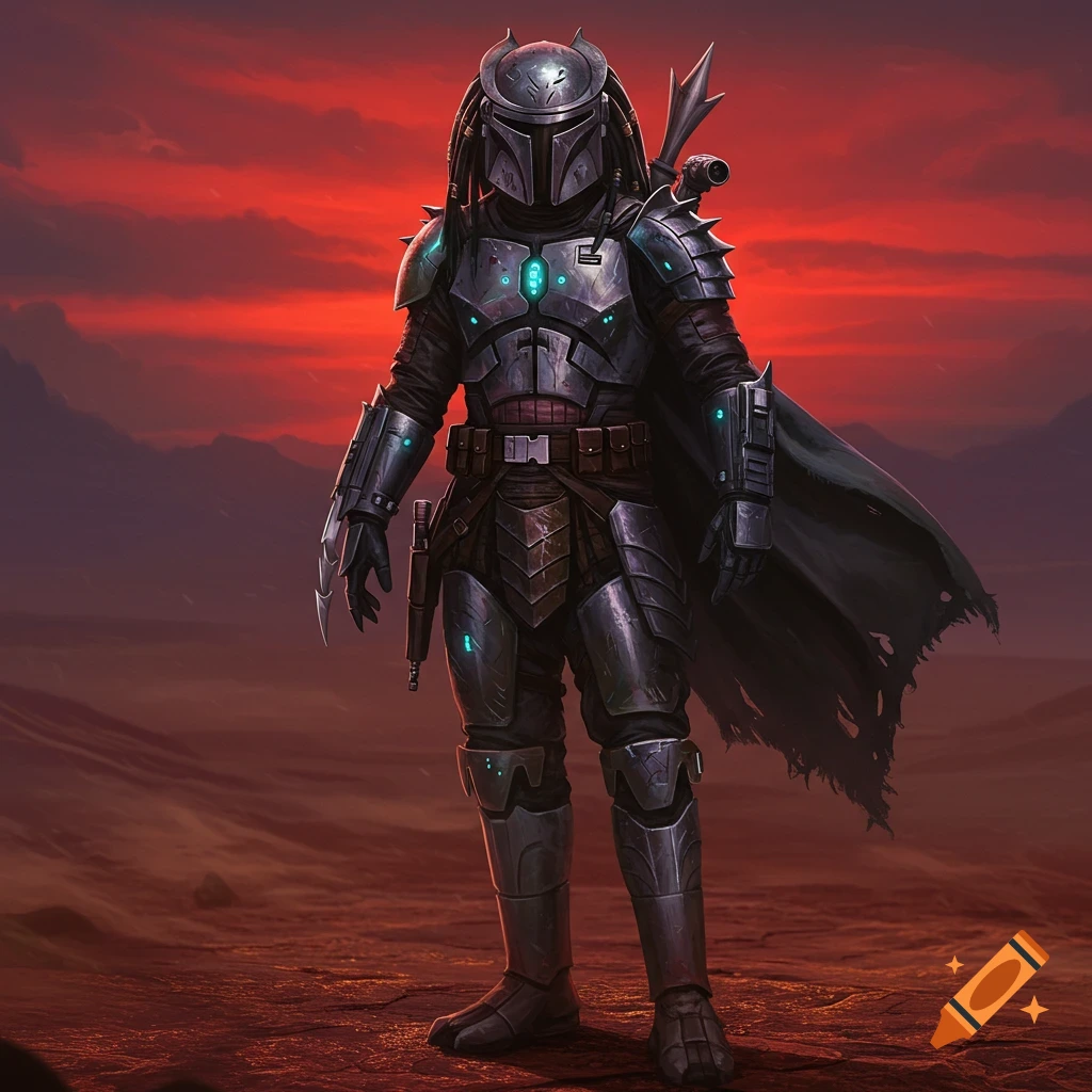 A Star Wars-inspired bounty hunter in dark, futuristic armor with a helmet resembling a Mandalorian and Predator, stands against a red sky.
