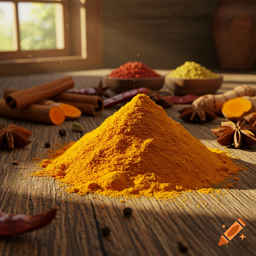 A pile of bright yellow turmeric powder on a rustic wooden table, surrounded by spices, bathed in sunlight.