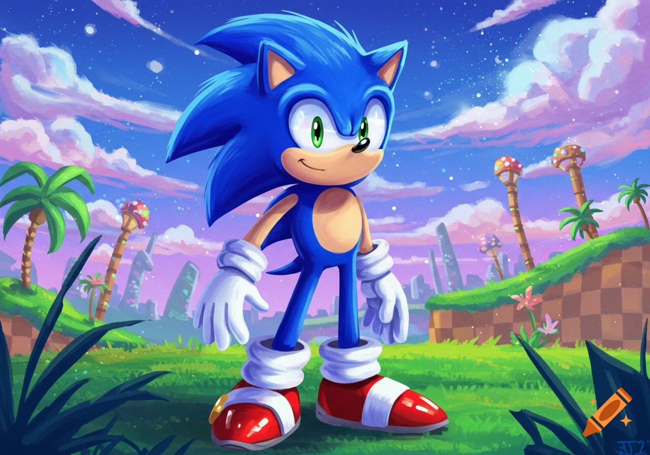 Sonic the Hedgehog stands in a vibrant, stylized fantasy landscape with green hills, palm trees, and a starry sky.