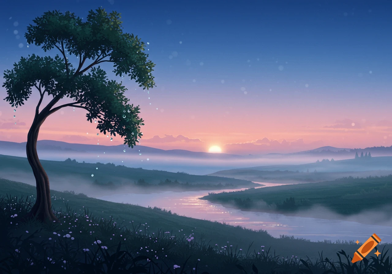 A stylized landscape featuring a prominent tree with droplets, a winding river, and misty hills under a colorful sunrise or sunset sky.
