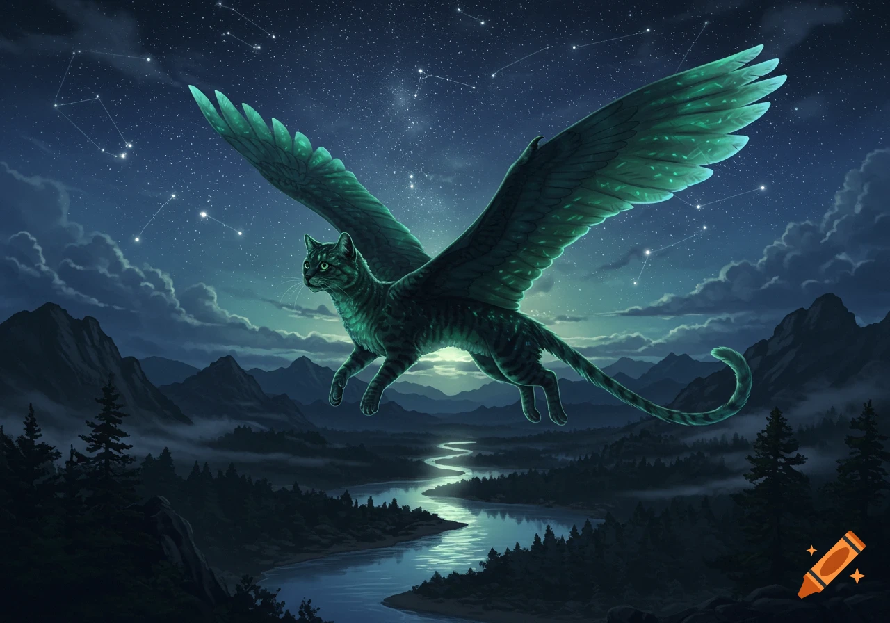 A green-hued winged cat flies over a winding river and dark mountains beneath a starry night sky.