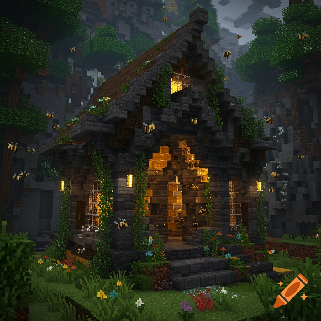 A dark stone gothic-style bee sanctuary building surrounded by bees and lush greenery in a Minecraft-like blocky world.