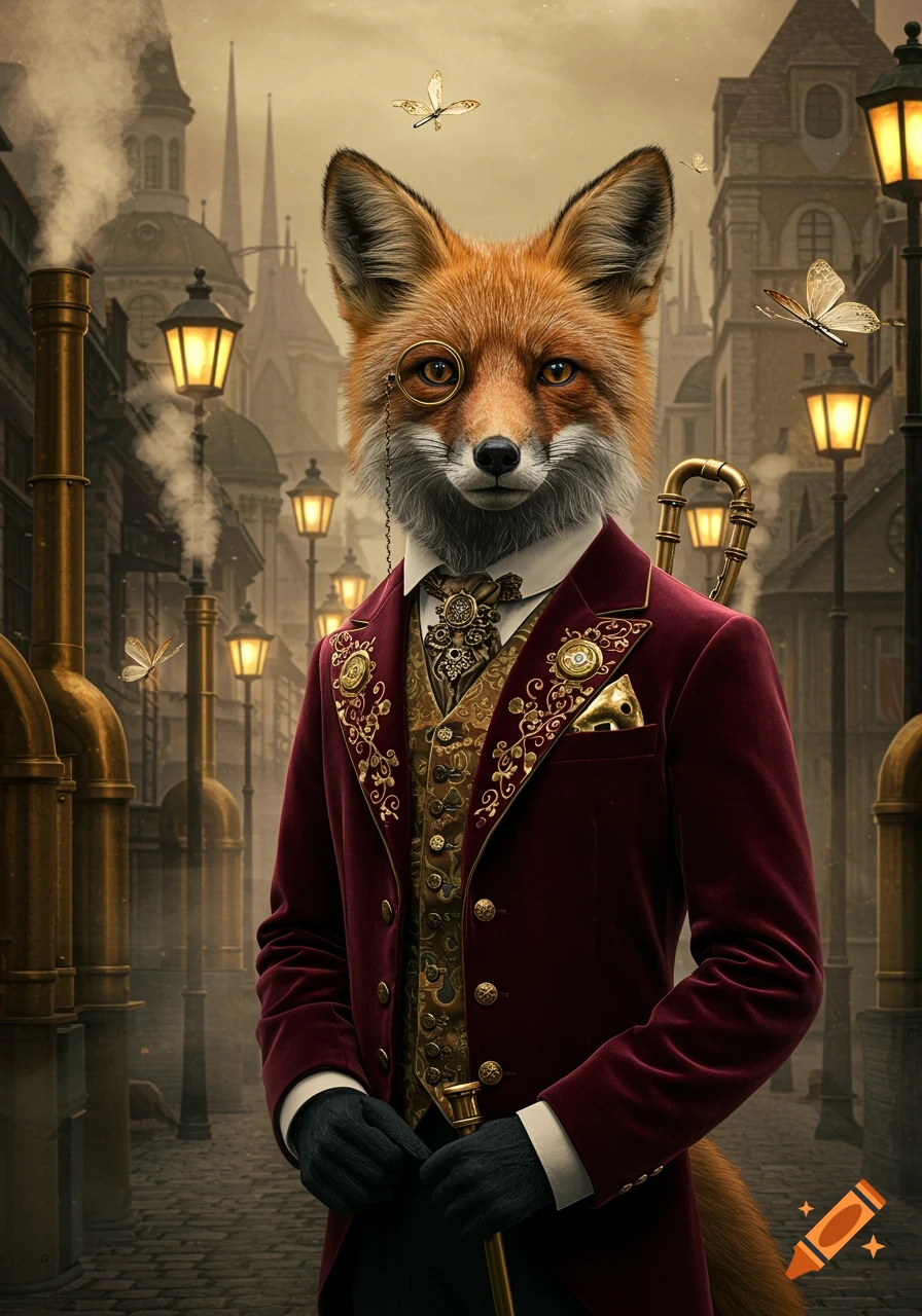 A steampunk fox in a red velvet suit and monocle stands on a cobblestone street in a city with tall buildings and smoking pipes.