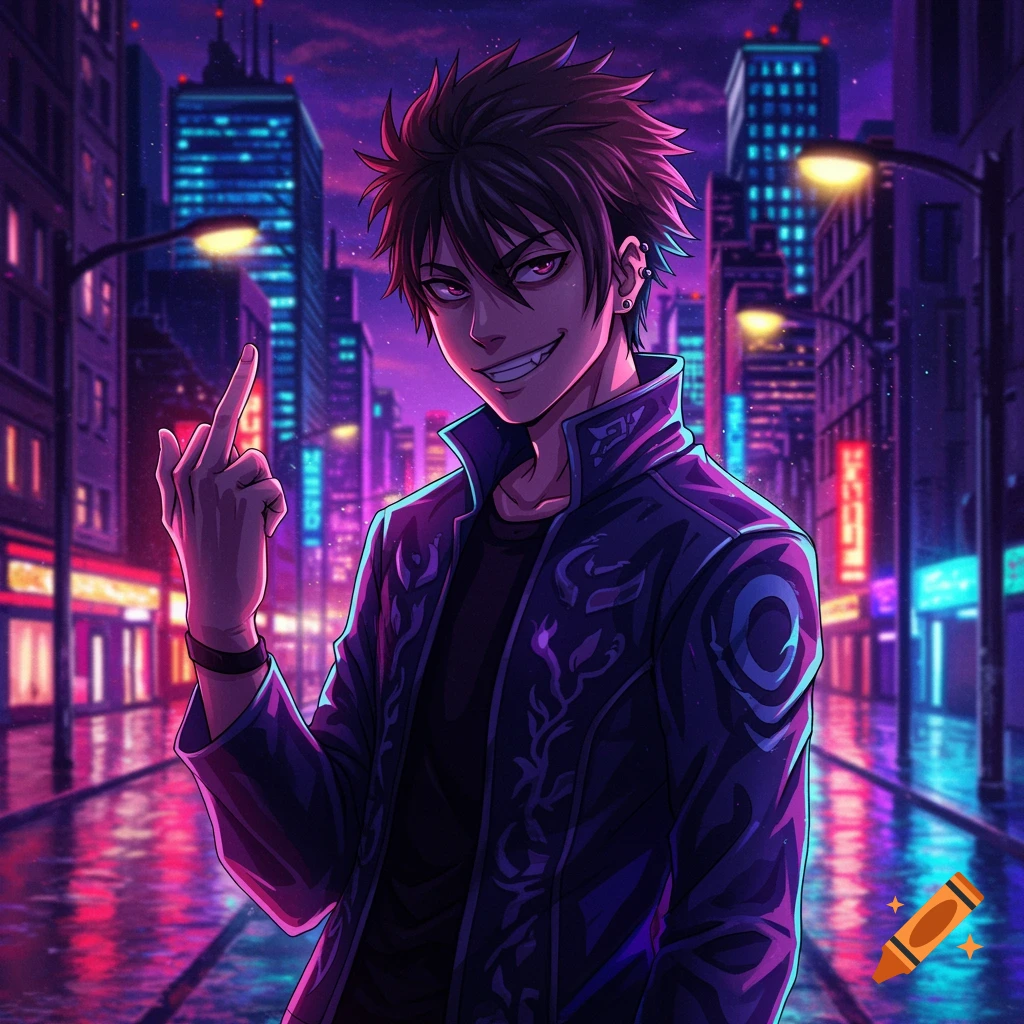 Anime man with spiky hair gives the middle finger in a neon-lit cyberpunk city street.