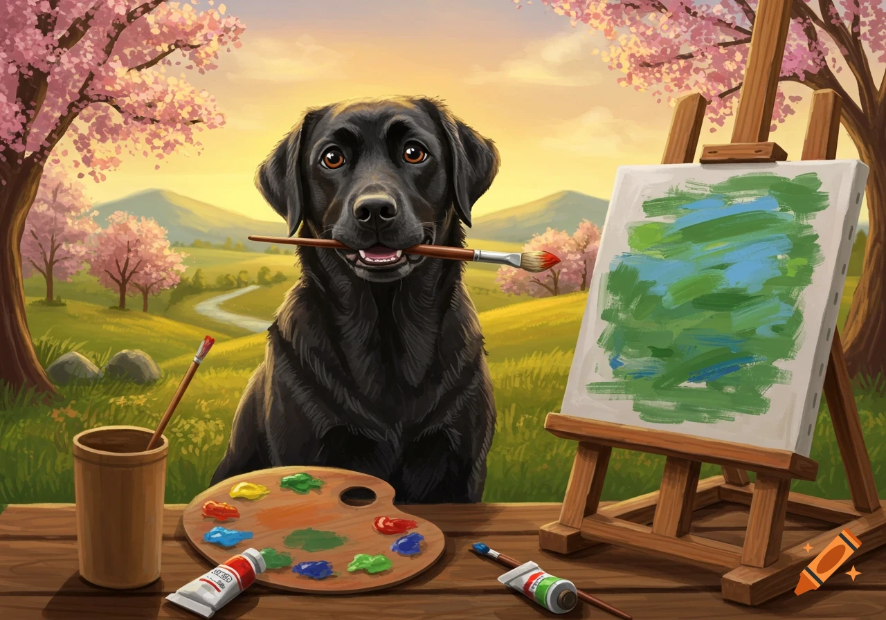 A black Labrador dog holds a paintbrush in its mouth, standing by an easel with a landscape painting in a field of pink flowering trees.