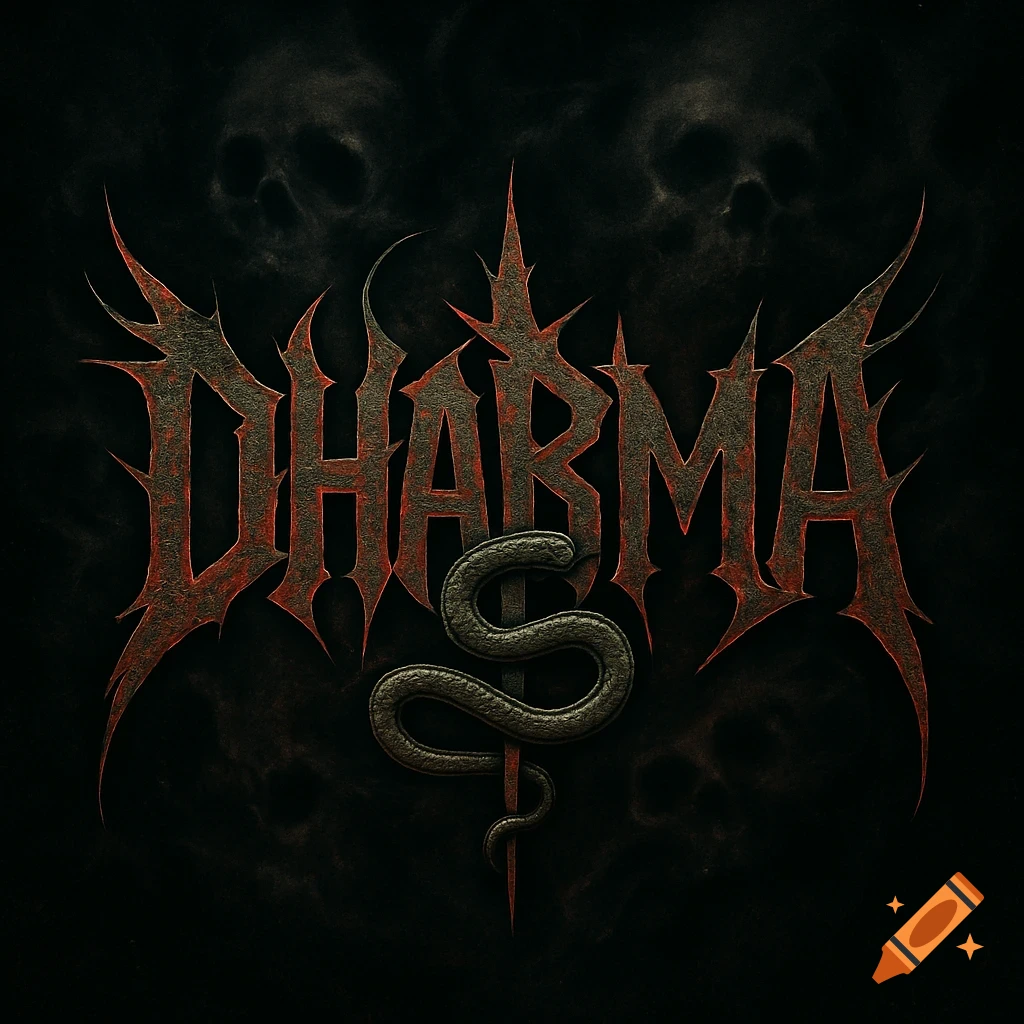 Dark gothic death metal logo for Dharma band, featuring a snake wrapped around a staff and subtle skull imagery in the background.