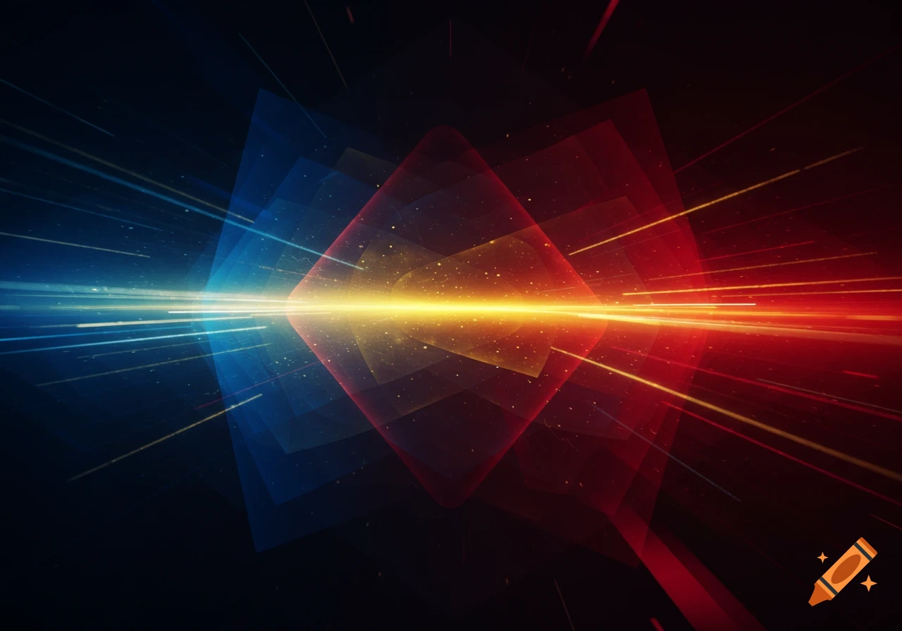 Abstract image with glowing red and blue geometric shapes and light rays emanating from a bright yellow central beam on a dark background.