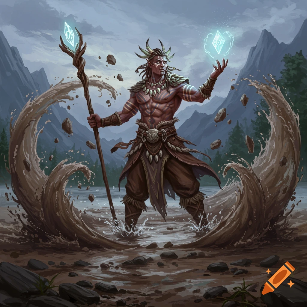 A powerful male fantasy shaman with a staff stands in muddy water, conjuring mud waves, floating rocks, and levitating a glowing crystal.
