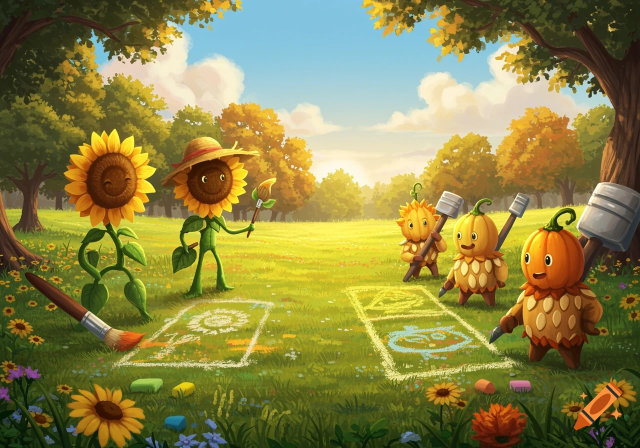 Cartoon sunflowers and pumpkins draw with chalk on a sunny, grassy field.