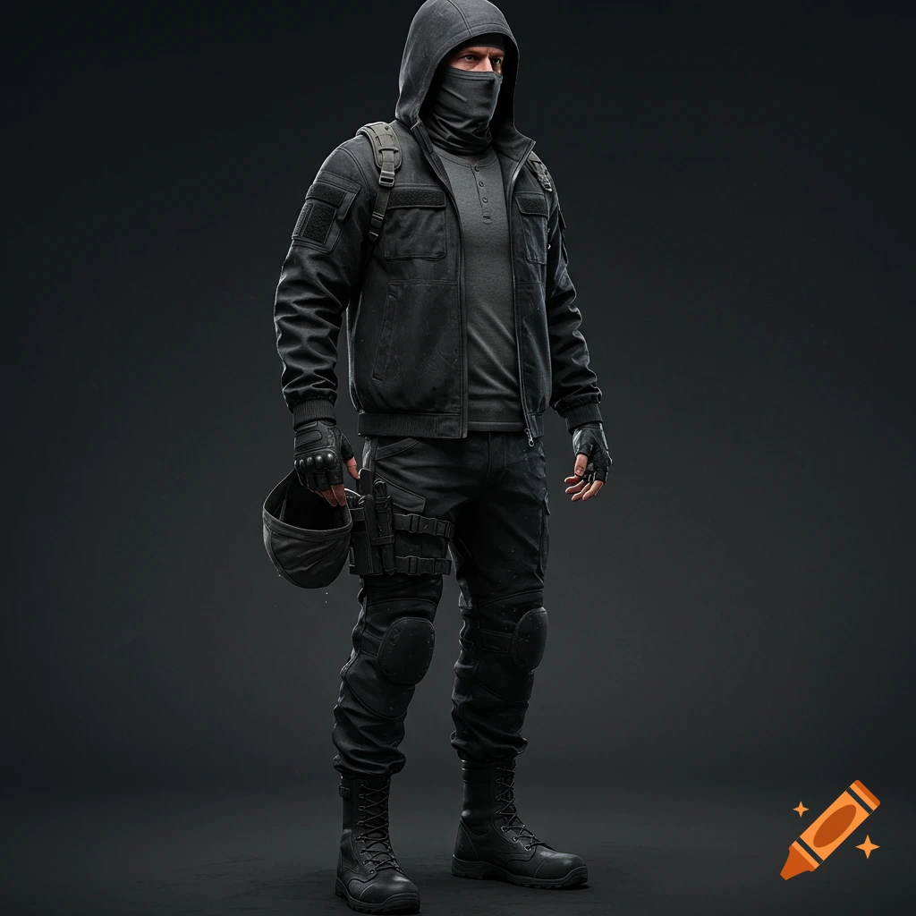 A person in full black tactical gear, including a hooded jacket, mask, combat pants with knee pads, and boots, stands against a dark background, holding a helmet.