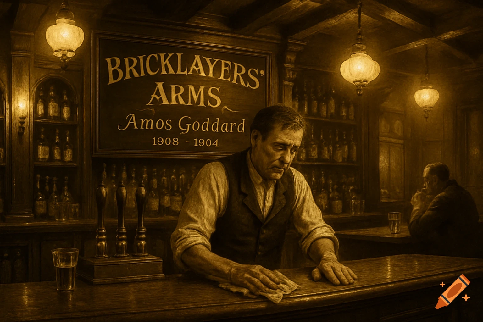 A sepia-toned image of a solemn-looking bartender, Amos Goddard, wiping down the counter in a dimly lit, old-fashioned pub called "Bricklayers' Arms". Another patron sits in the background.