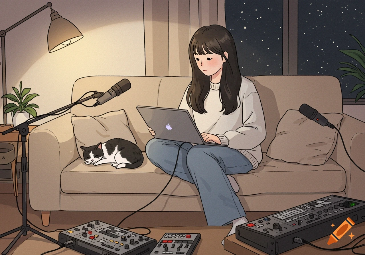 Cartoon illustration of a woman on a couch with a laptop, a sleeping cat, and podcast recording equipment at night.