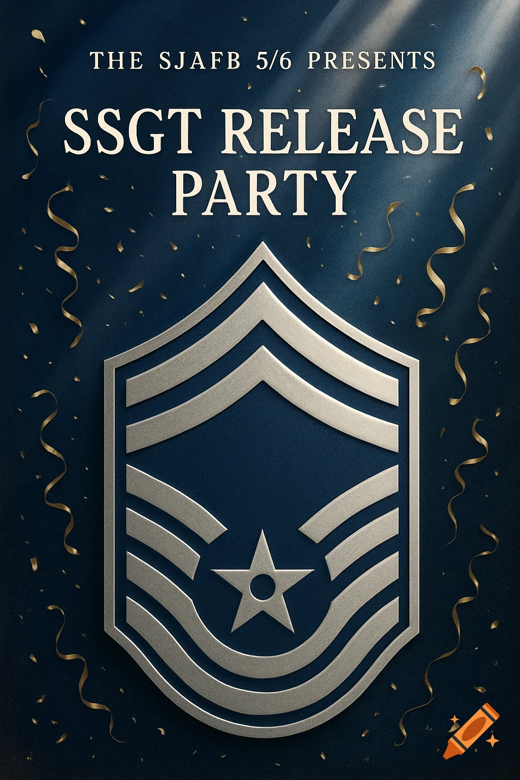 A dark blue poster with silver Air Force Staff Sergeant rank insignia, surrounded by golden confetti and streamers, with white text reading 'THE SJAFB 5/6 PRESENTS SSGT RELEASE PARTY'.