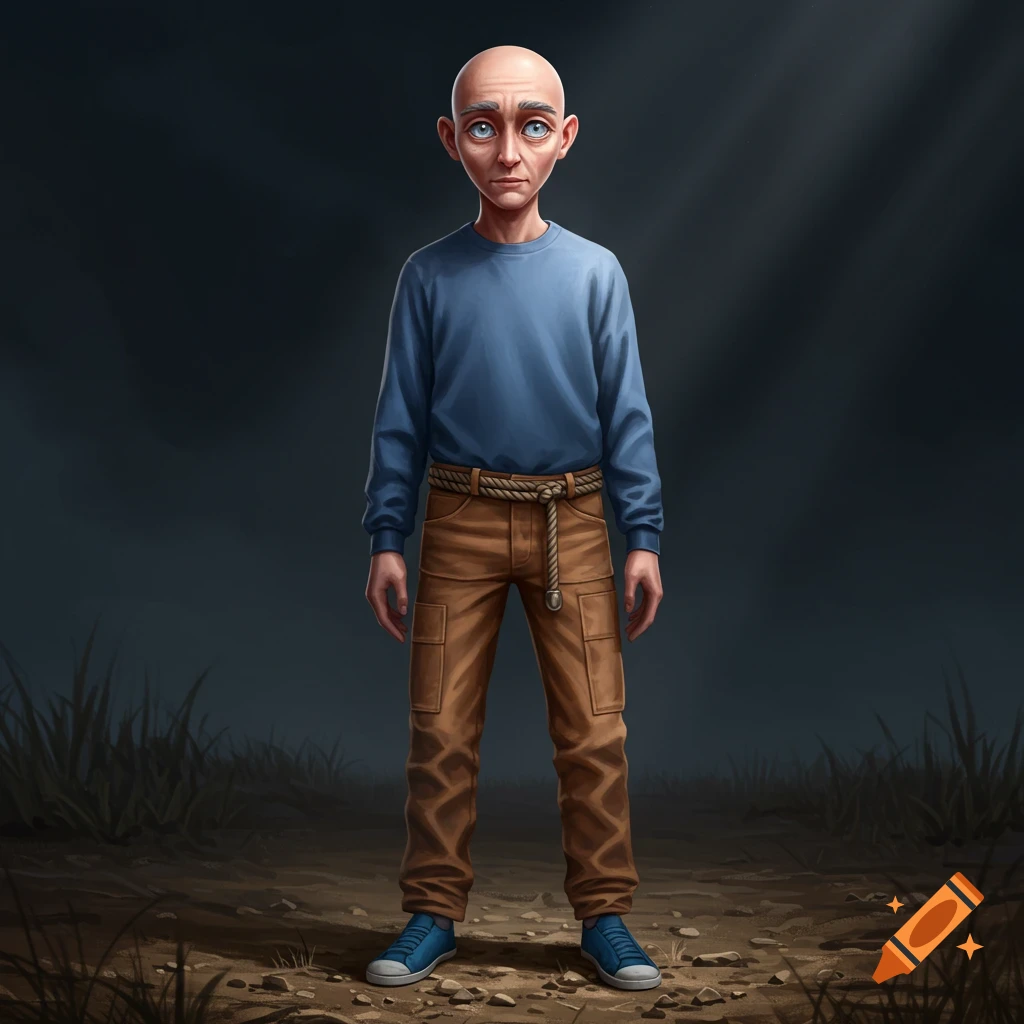 A bald man with large blue eyes, wearing a blue sweatshirt and brown cargo pants with a rope belt, stands on a dirt path.