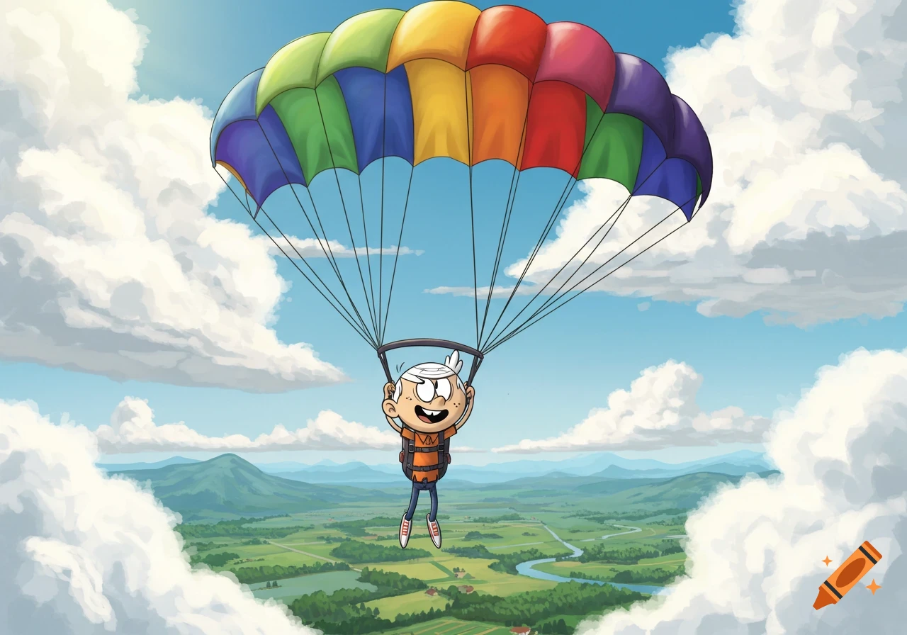 Lincoln Loud, a cartoon character, smiles while parachuting with a rainbow-colored parachute over a green landscape with clouds.