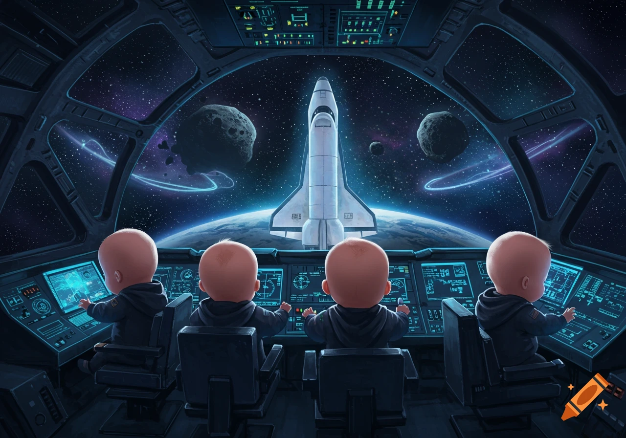 Four babies in dark hoodies in a spaceship cockpit, looking out at a space shuttle, Earth, and asteroids.