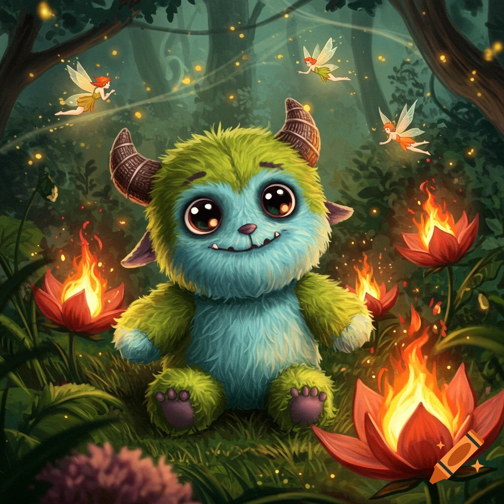 A cute, furry blue and green monster with horns sits in a dark forest, surrounded by red flowers with flames and flying fairies.