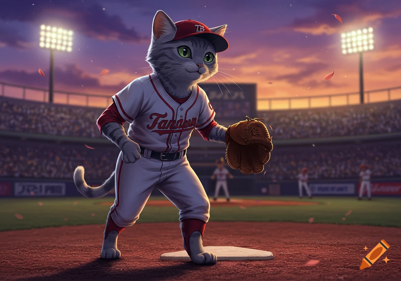 A grey tabby cat in a red and white baseball uniform with a glove and cap stands on a baseball field at sunset in an anime style.